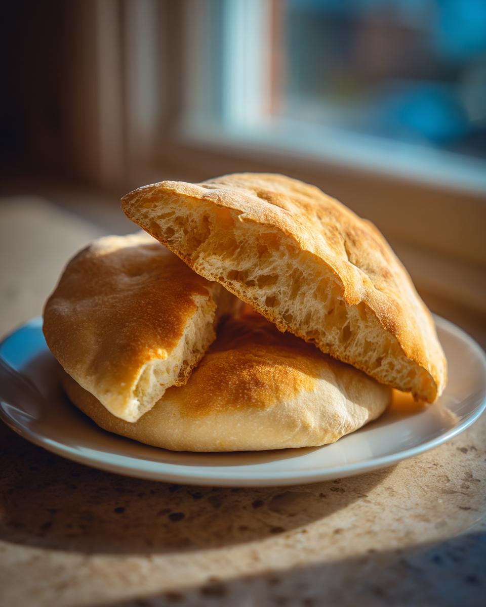 Close-up of homemade pita bread, one piece torn open revealing the airy interior pocket.