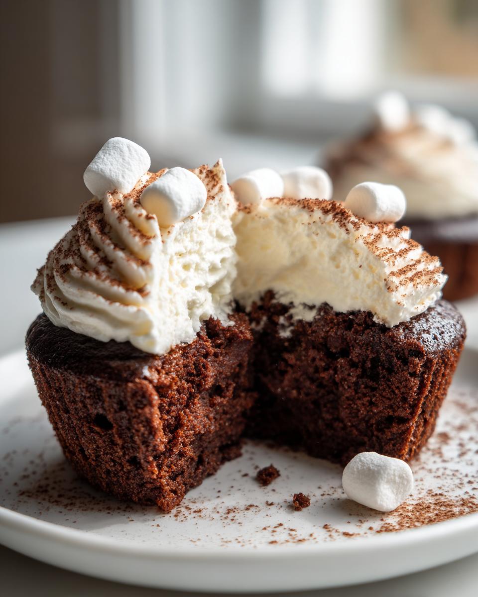 Cross-section view of rich, dark hot chocolate cupcakes topped with white frosting and mini marshmallows.