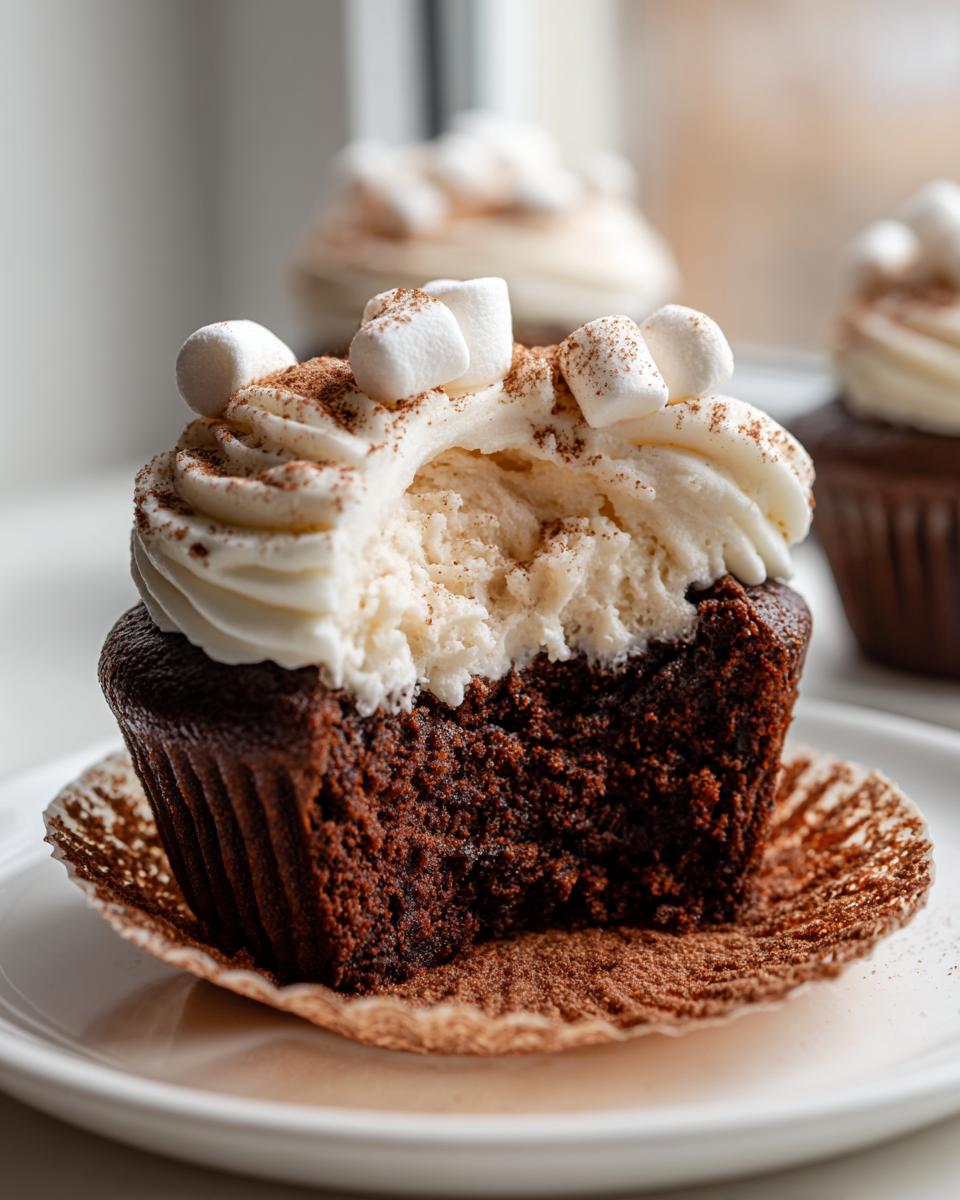 Close-up of a rich, dark chocolate cupcake cut in half, showing the moist interior and white frosting topped with mini marshmallows and cocoa powder, perfect for hot chocolate cupcakes.