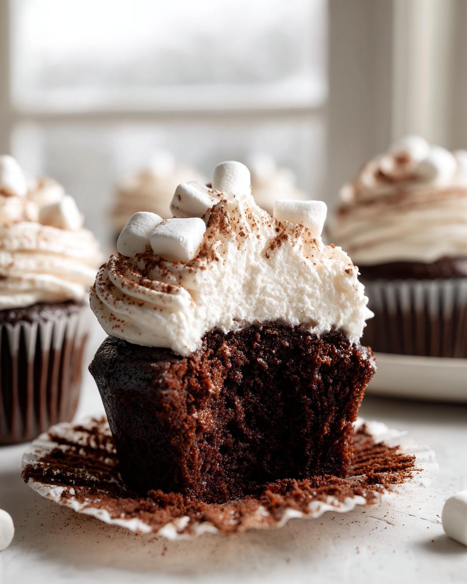 Close-up of a hot chocolate cupcake cut in half showing moist dark cake, white frosting, and mini marshmallows.