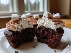 A cross-section view of two hot chocolate cupcakes showing the moist dark cake, white frosting, and mini marshmallows on top.