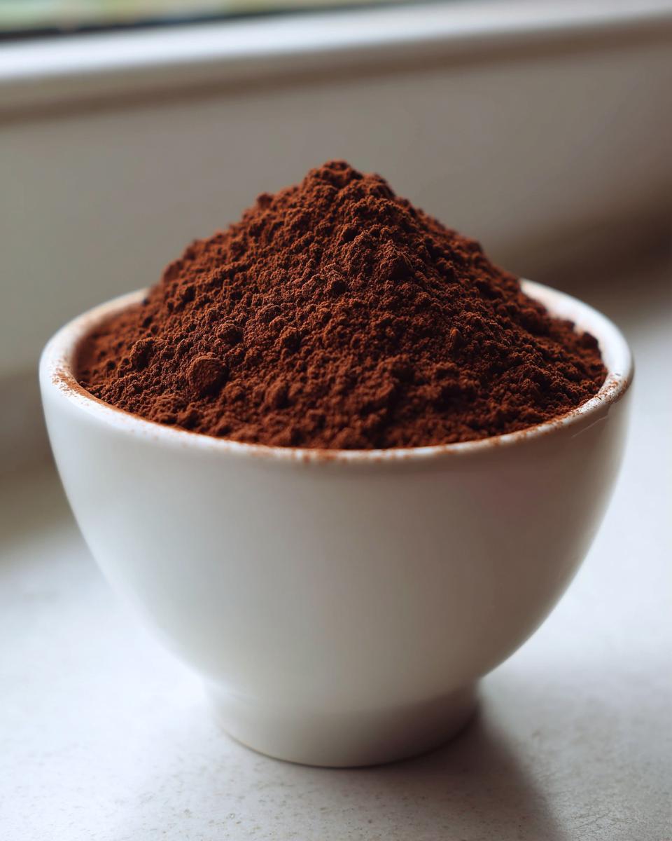 Close-up of a mound of rich, dark brown hot cocoa mix powder filling a small white ceramic bowl.