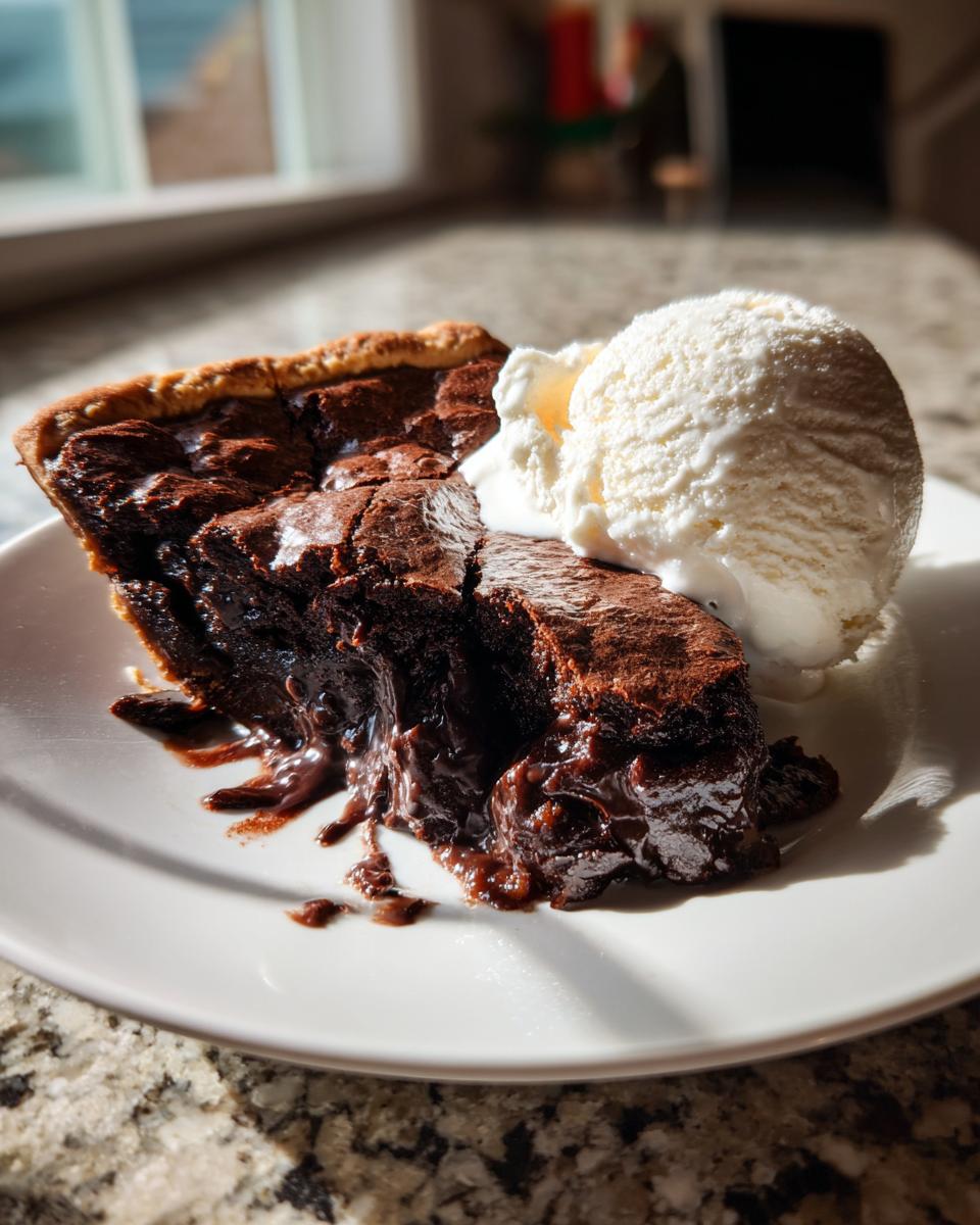A rich slice of hot fudge pie with a gooey center served with a scoop of vanilla ice cream on a white plate.