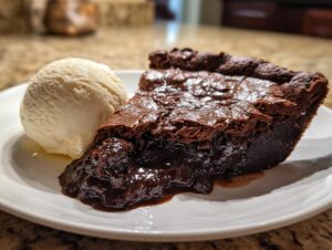 A rich slice of hot fudge pie with a gooey center next to a scoop of vanilla ice cream on a white plate.