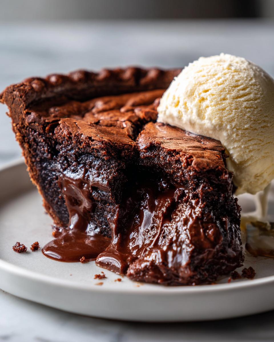 A close-up of a rich slice of hot fudge pie with a molten chocolate center oozing onto a plate, topped with vanilla ice cream.