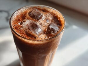 Close-up of a tall glass filled with iced chocolate milk, featuring three large ice cubes and a rich, frothy chocolate layer.