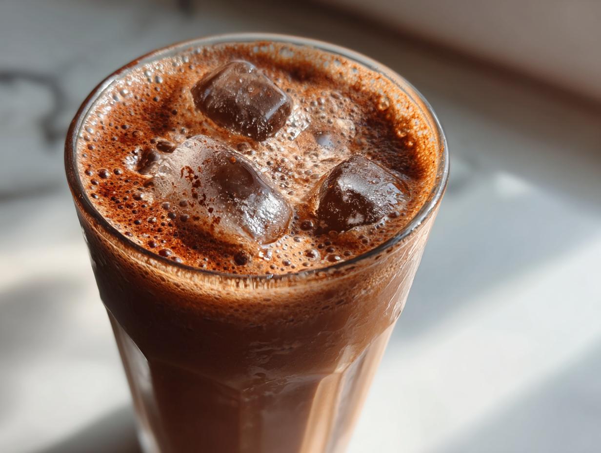 Close-up of a tall glass filled with iced chocolate milk, featuring three large ice cubes and a rich, frothy chocolate layer.