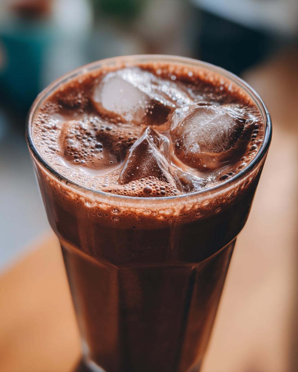 Close-up of a tall glass filled with rich, dark chocolate milk and several ice cubes.