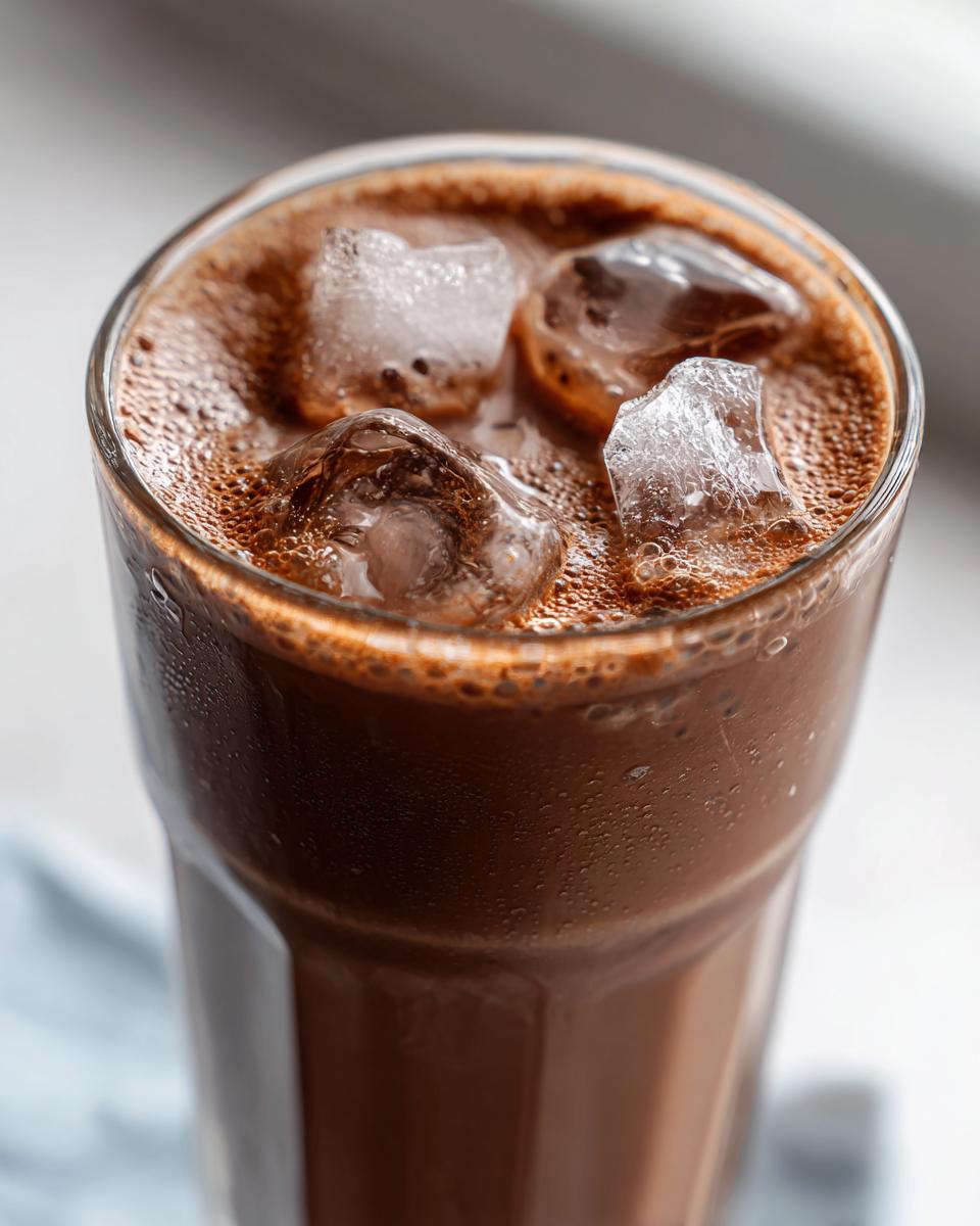 Close-up of a tall glass filled with frothy, iced chocolate milk, showing condensation on the glass.