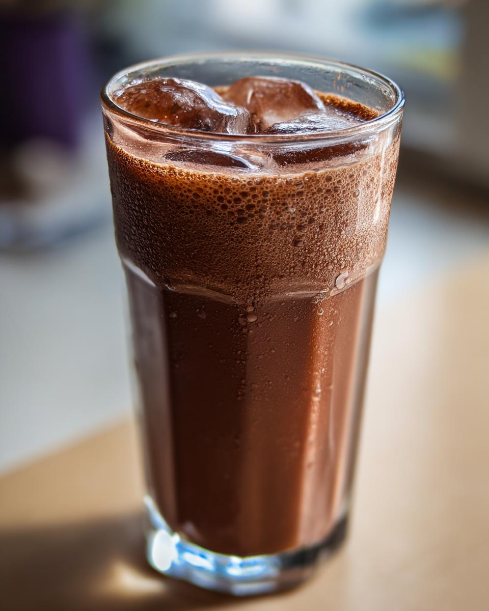 A tall, condensation-covered glass filled with rich, foamy chocolate milk and ice cubes.