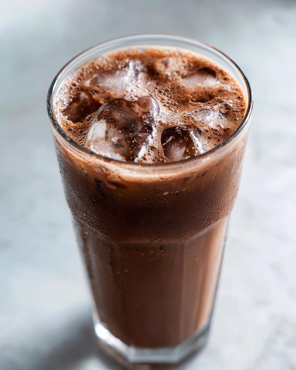 Close-up of a tall, sweating glass filled with rich, iced chocolate milk and frothy bubbles on top.