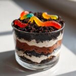 Close-up of a single serving dirt cake in a glass, featuring layers of chocolate, cream, and crushed cookies topped with gummy worms.