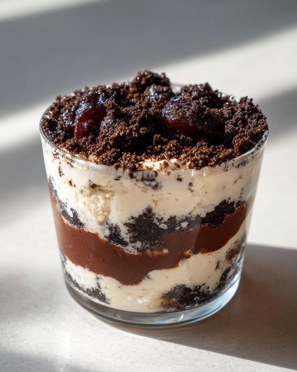 Close-up of a single-serving dirt cake layered with cream, chocolate pudding, and cookie crumbs, topped with cherries.