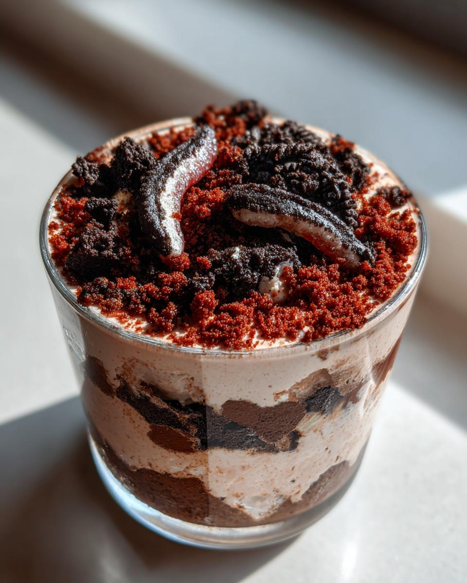 Close-up of a single serving dirt cake layered in a glass with cream, chocolate crumbs, and cookie pieces on top.