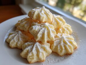 A stack of freshly baked Italian butter cookies with ridged edges, lightly dusted with powdered sugar, on a white plate.