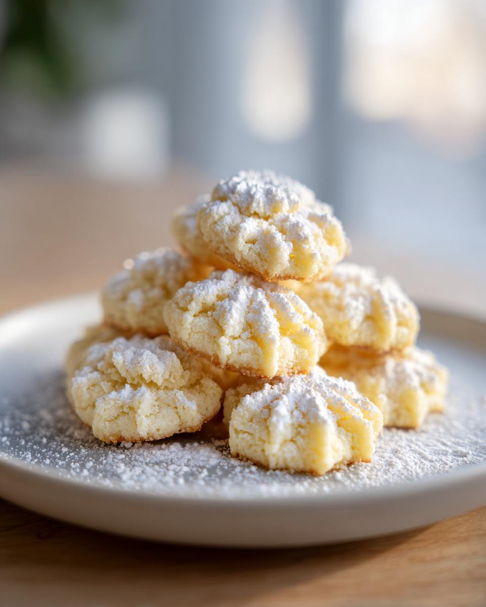 A stack of freshly baked italian butter cookies dusted generously with powdered sugar on a light gray plate.