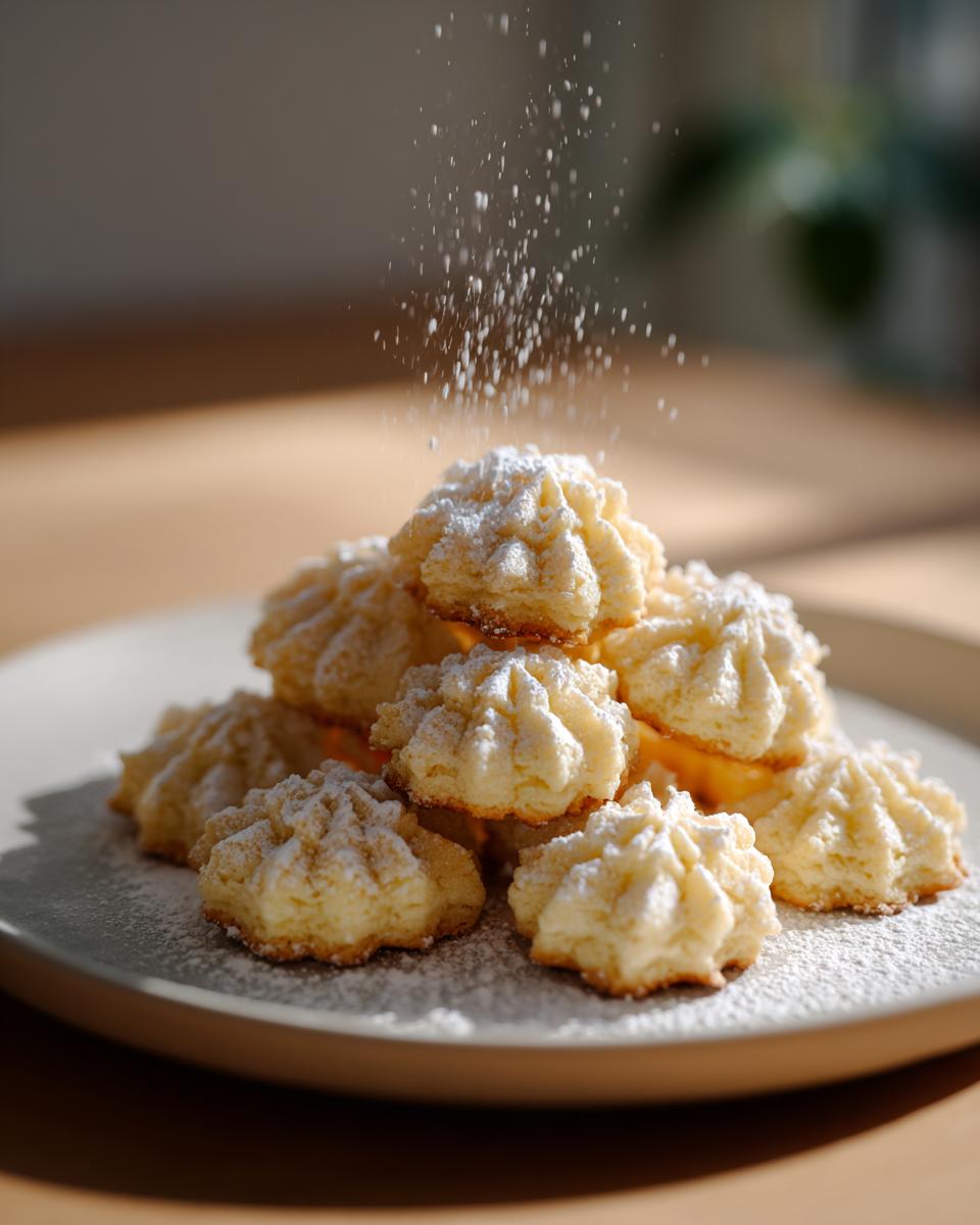 A stack of freshly baked Italian butter cookies being dusted with fine powdered sugar.