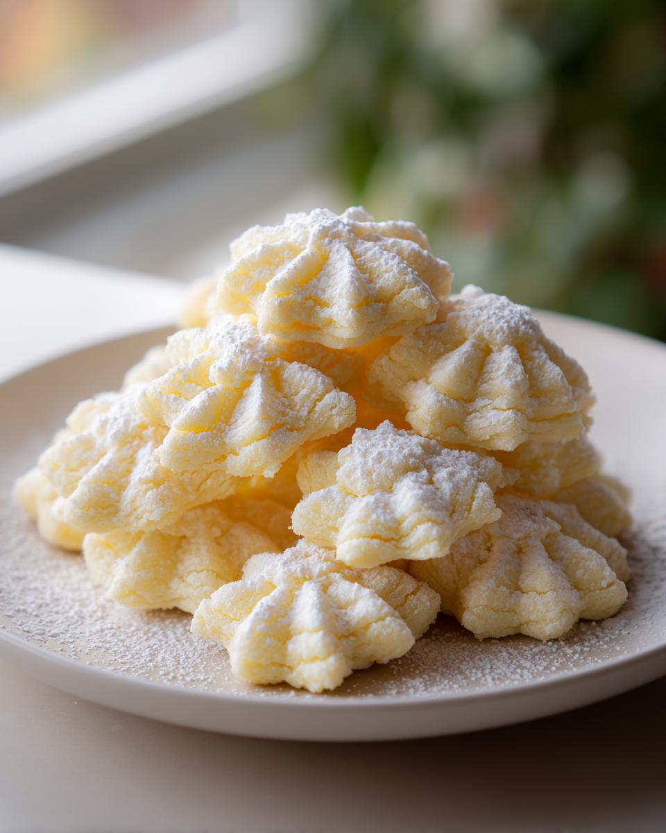 A mound of freshly piped Italian butter cookies, lightly dusted with powdered sugar, sitting on a white plate.