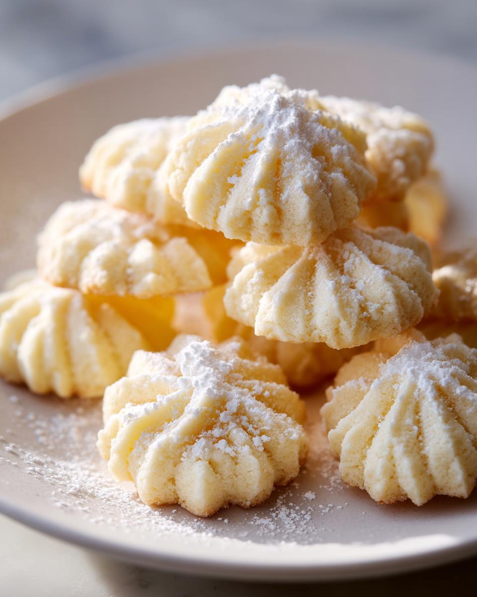 Close-up of piped, star-shaped Italian butter cookies stacked on a plate and generously dusted with powdered sugar.