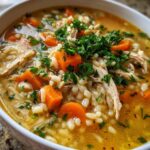 Close-up of a white bowl filled with Italian penicillin soup featuring shredded chicken, orzo pasta, carrots, and fresh parsley.