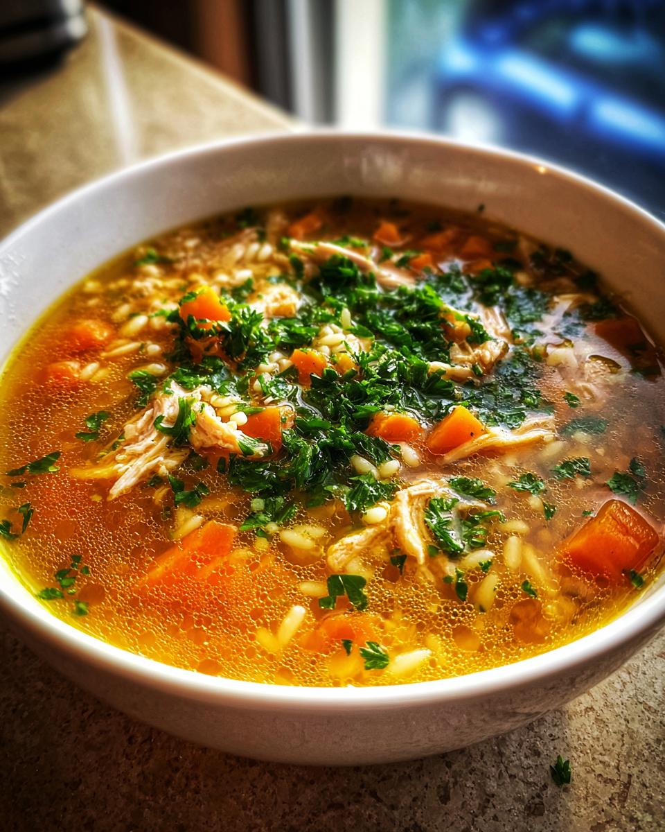 Close-up of a white bowl filled with Italian penicillin soup, featuring rich broth, shredded chicken, carrots, rice, and fresh parsley.