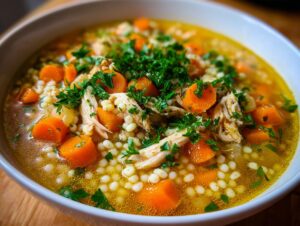 Close-up of a bowl of Italian penicillin soup featuring shredded chicken, pearl pasta, bright orange carrots, and fresh parsley.