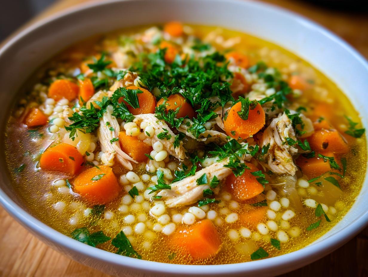 Close-up of a bowl of Italian penicillin soup featuring shredded chicken, pearl pasta, bright orange carrots, and fresh parsley.