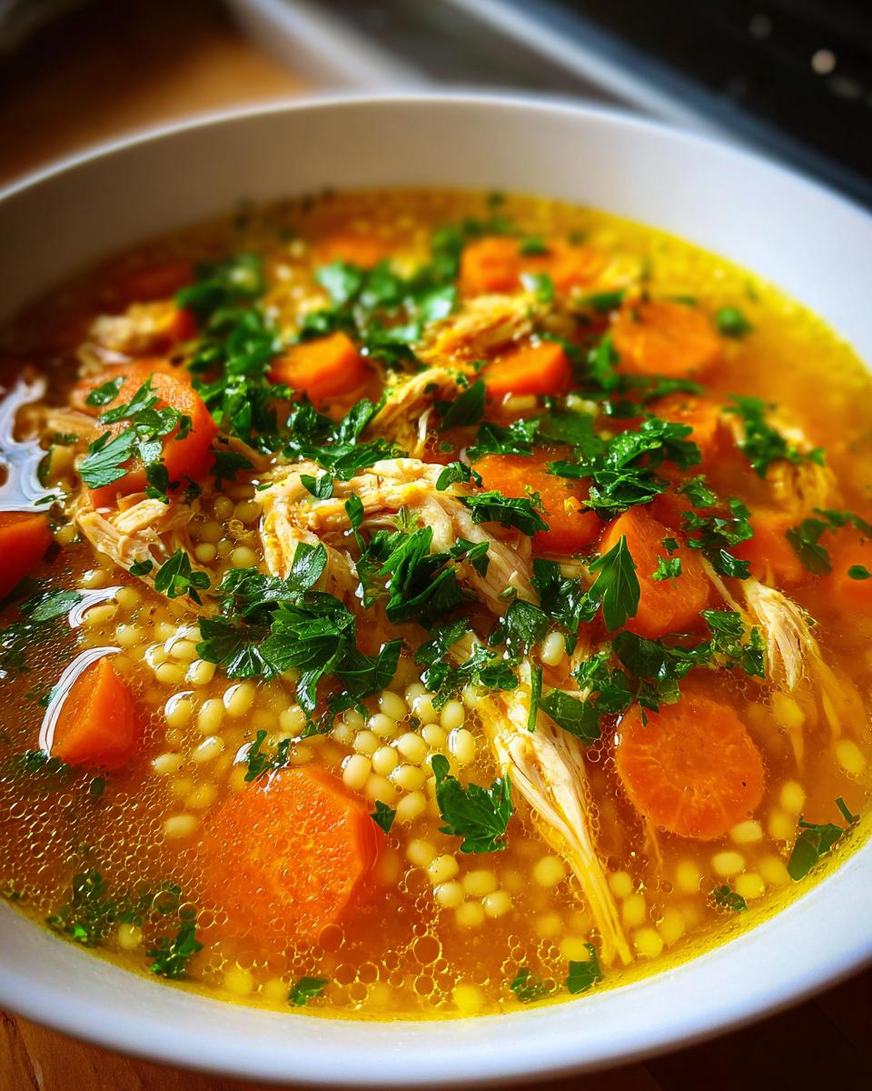 Close-up of a comforting bowl of Italian penicillin soup featuring shredded chicken, small pasta pearls, and sliced carrots, topped with fresh parsley.