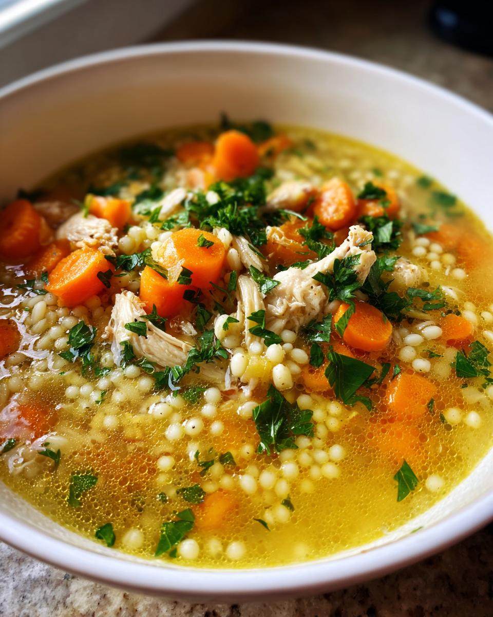 A close-up bowl of vibrant Italian penicillin soup featuring shredded chicken, bright orange carrots, acini di pepe pasta, and fresh parsley.