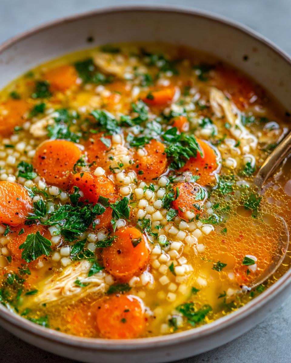 Close-up of a bowl of rich, golden Italian penicillin soup featuring sliced carrots, small pasta, and fresh parsley.