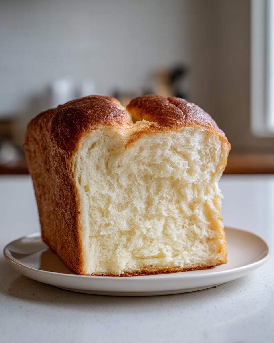 A close-up of a freshly baked Japanese milk bread loaf, showing its incredibly soft, fluffy interior and golden-brown crust.