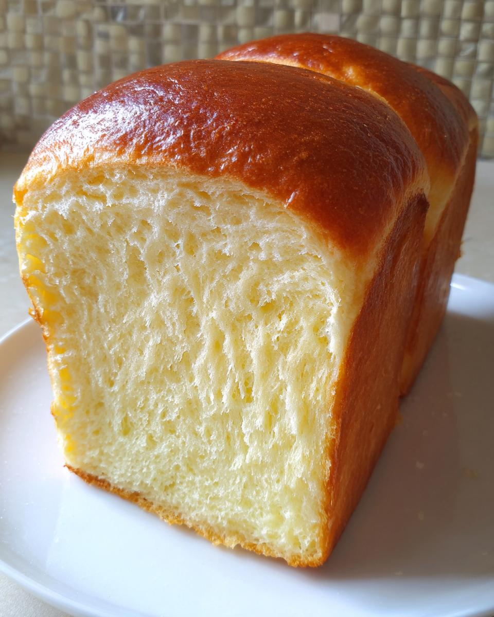 Close-up of a freshly baked Japanese milk bread loaf, showing its incredibly soft, white, and fluffy crumb texture.