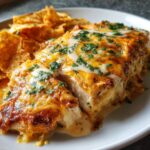Close-up of juicy Fiesta Lime Chicken topped with melted orange and white cheese and fresh parsley.