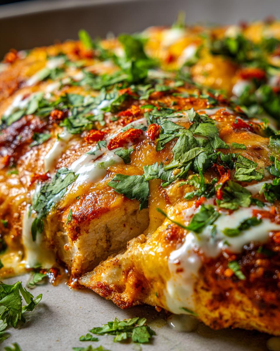 Close-up of juicy fiesta lime chicken, cut open to show the interior, topped with melted cheese, sour cream, and fresh cilantro.