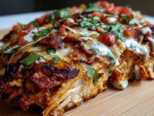 Close-up of a juicy piece of Fiesta Lime Chicken topped with melted cheese, bacon, diced tomatoes, and cilantro.