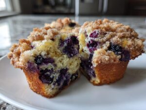 Close-up of a jumbo blueberry muffin cut in half, showing moist crumb, burst blueberries, and a sugary streusel topping.