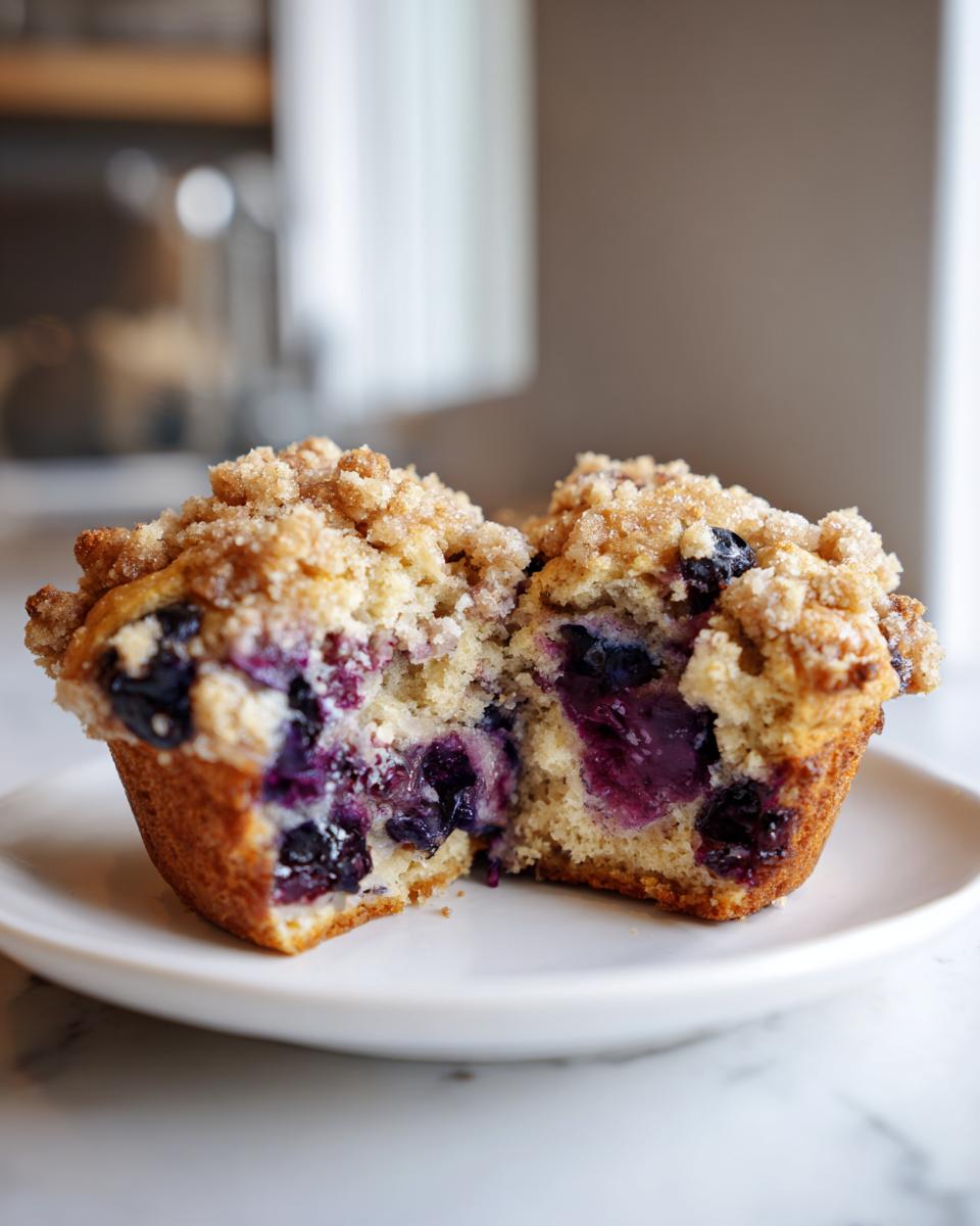 A jumbo blueberry muffin cut in half showing moist interior packed with juicy blueberries and topped with sugary streusel.