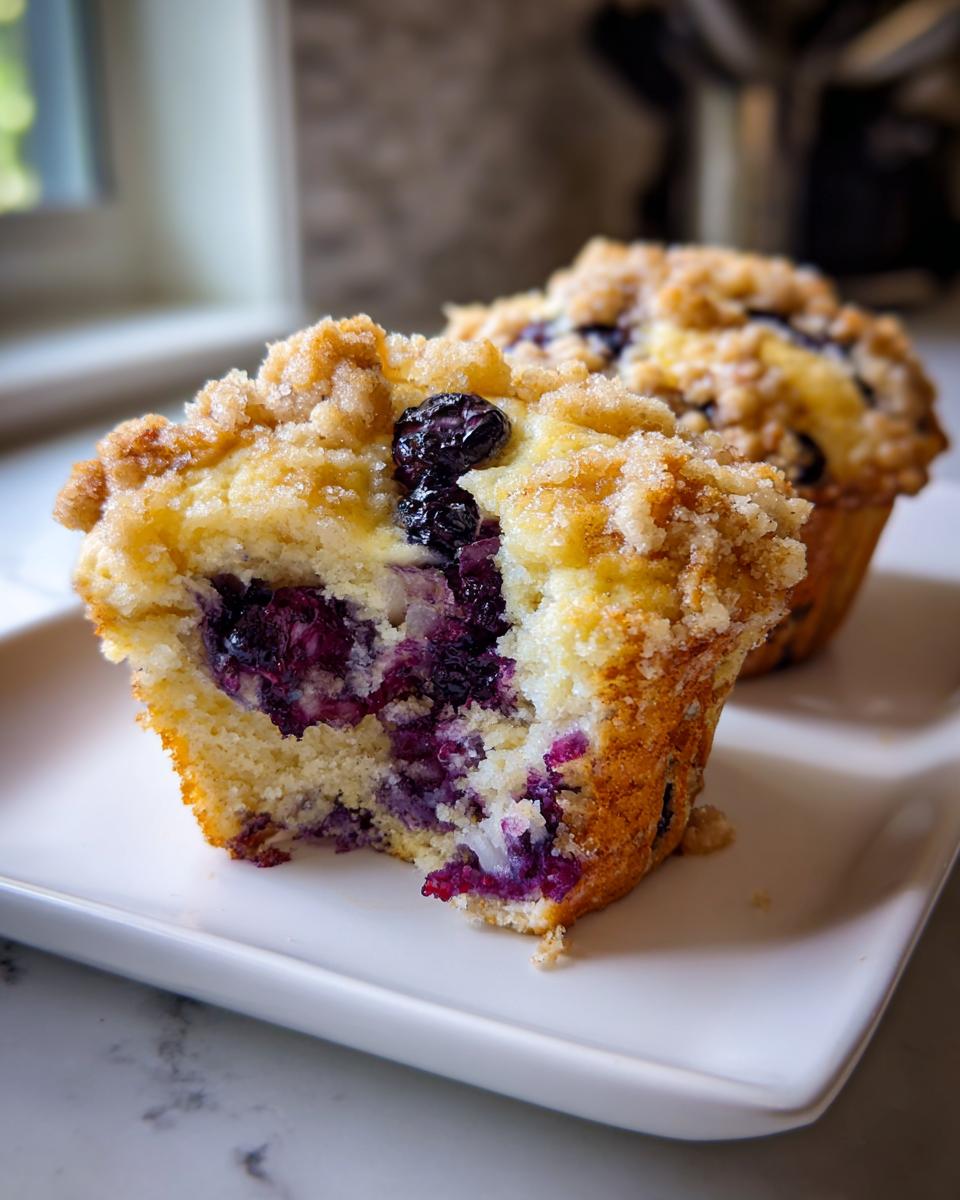 Close-up of a jumbo blueberry muffin cut in half, showing moist interior packed with purple blueberries and a crunchy streusel topping.