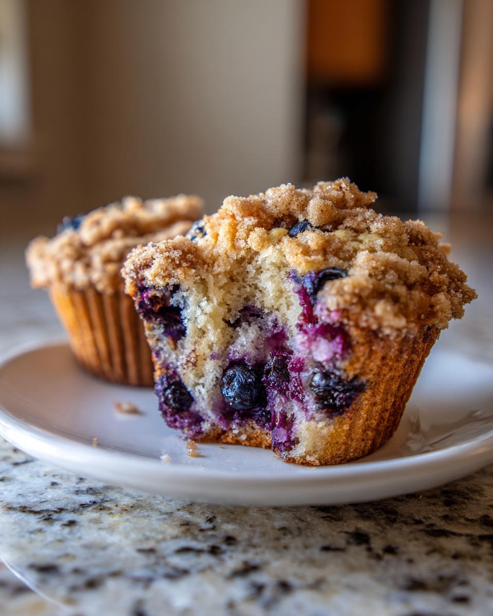 A jumbo blueberry muffin cut in half showing moist interior, bursting blueberries, and a sugary crumb topping.