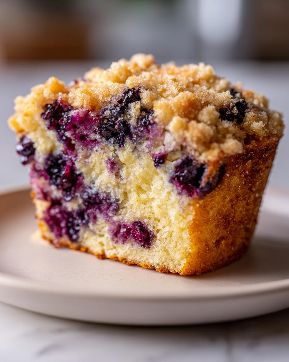 A close-up, cross-section view of a jumbo blueberry muffin featuring a moist crumb, bursting blueberries, and a thick streusel topping.