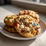 A stack of freshly baked kitchen sink cookies loaded with chocolate chips and colorful candy pieces on a white plate.