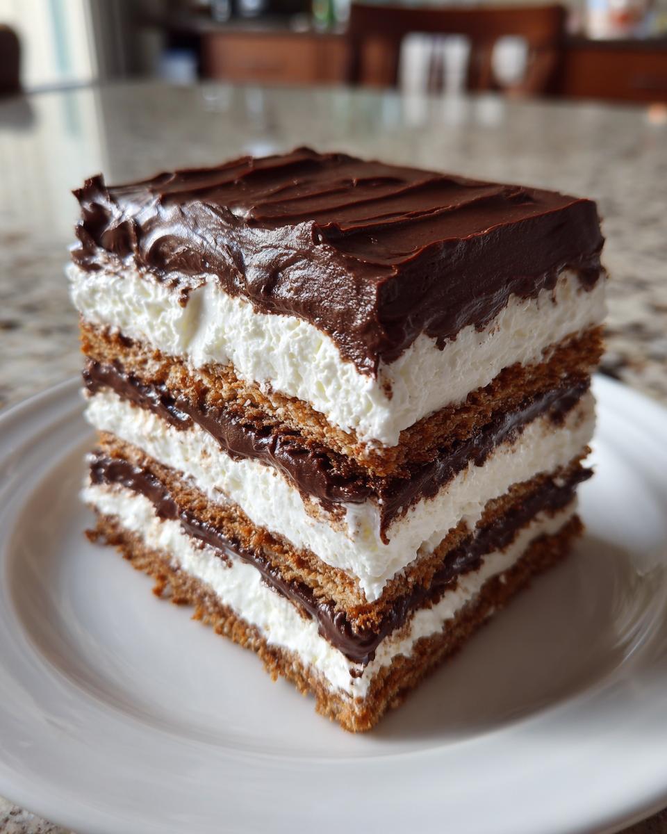 A square slice of layered eclair cake with graham cracker layers, white cream, and chocolate frosting on a white plate.