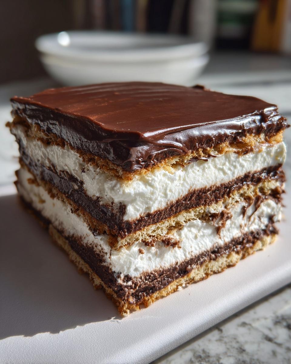 A square slice of layered eclair cake featuring graham crackers, white cream filling, and chocolate ganache topping.