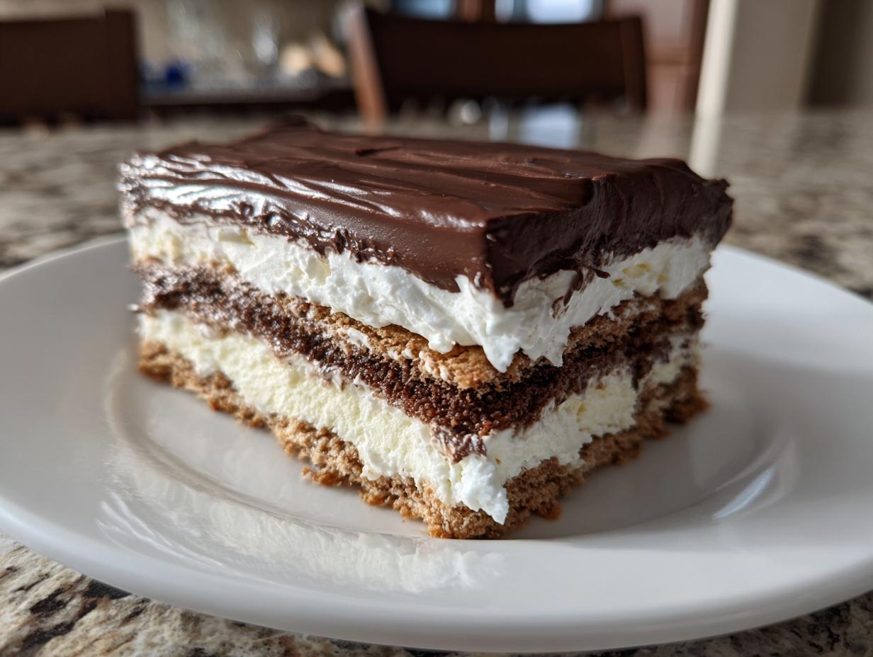 A layered slice of eclair cake featuring graham cracker crust, cream filling, chocolate cake, whipped topping, and chocolate frosting.
