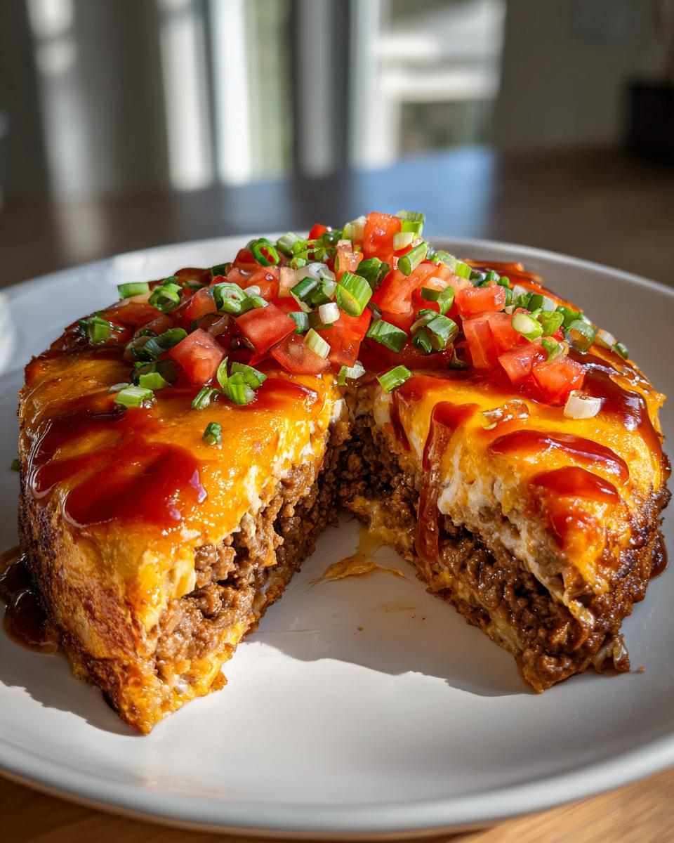 A thick, round Mexican pizza casserole cut in half, showing layers of seasoned beef, cheese, and topped with fresh tomatoes and green onions.