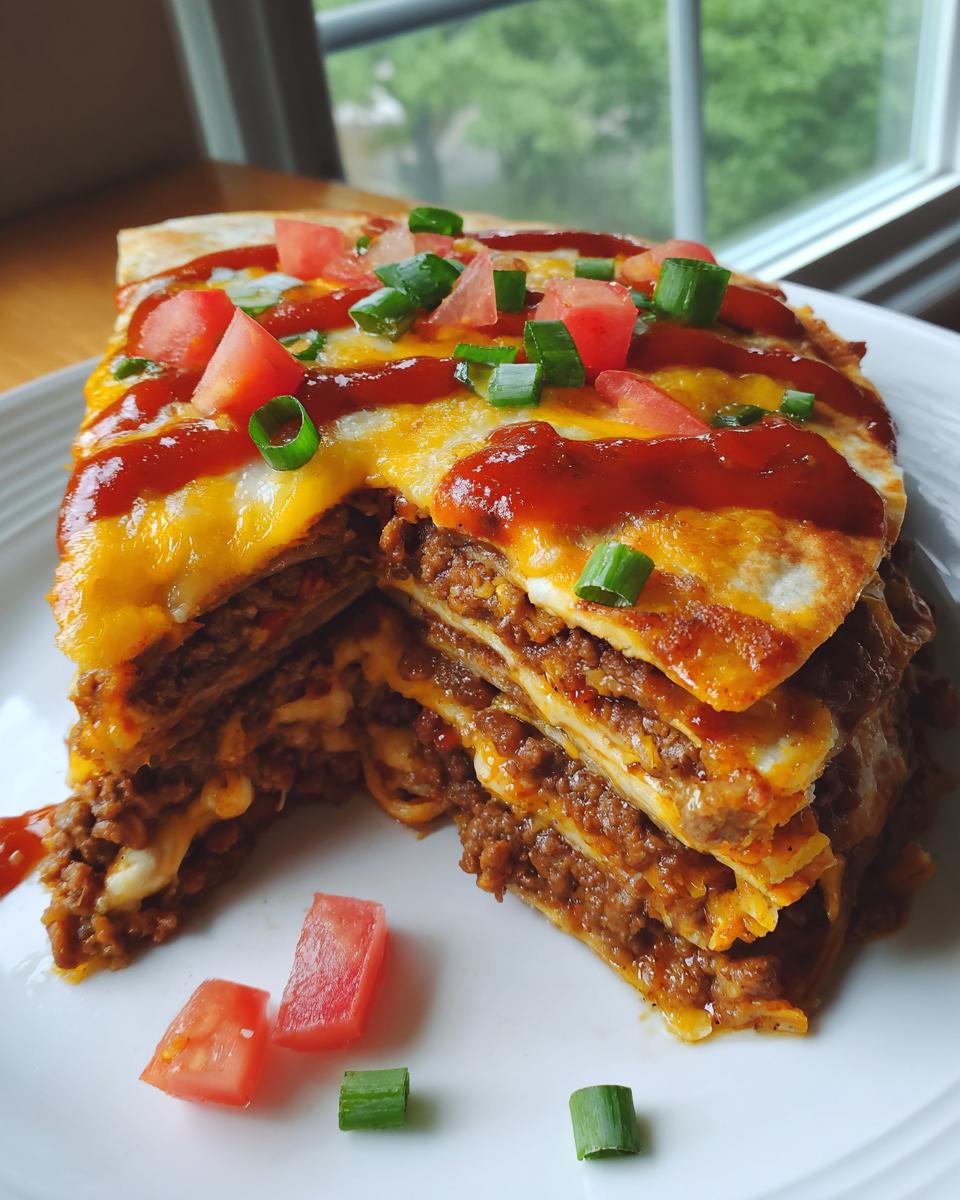A tall, layered slice of Mexican pizza showing seasoned ground beef, melted cheese, and topped with salsa and green onions.