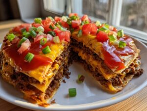 A cross-section view of a layered Mexican pizza showing seasoned ground beef, melted cheese, and topped with diced tomatoes and green onions.