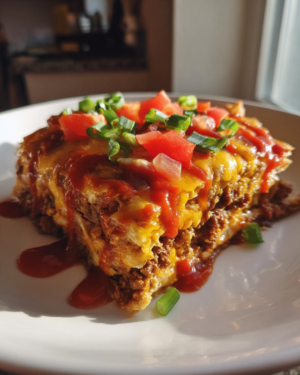 A close-up slice of layered mexican pizza casserole topped with melted cheese, salsa, and green onions.