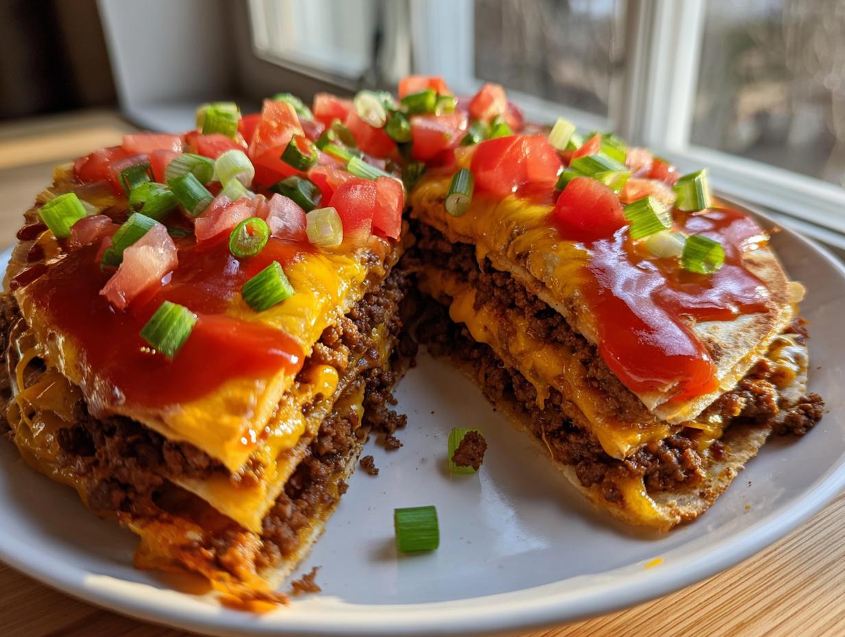 A cross-section view of a layered Mexican pizza showing seasoned ground beef, melted cheese, and topped with diced tomatoes and green onions.