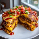 A cross-section view of a towering, layered mexican pizza stack dripping with melted cheese and sauce, topped with fresh pico de gallo.